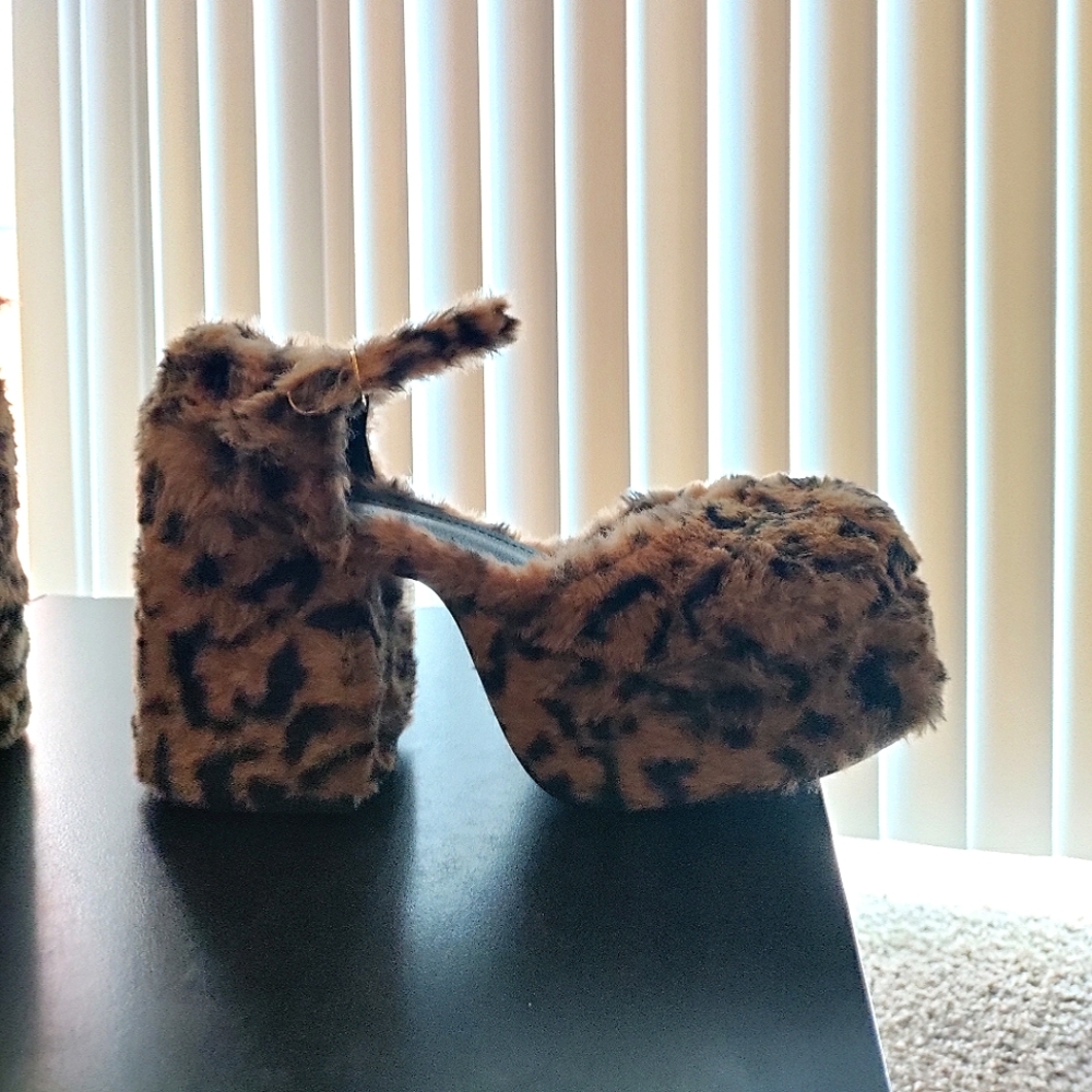 Fuzzy Leopard Chunky Platform Heels